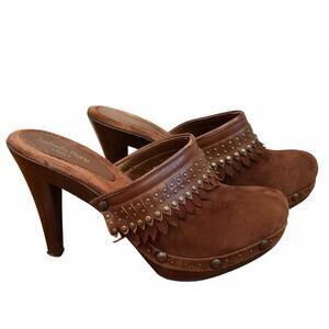 Isabella Fiore Brown Suede Clog Mule Heels Boho Leather Studded Size 8